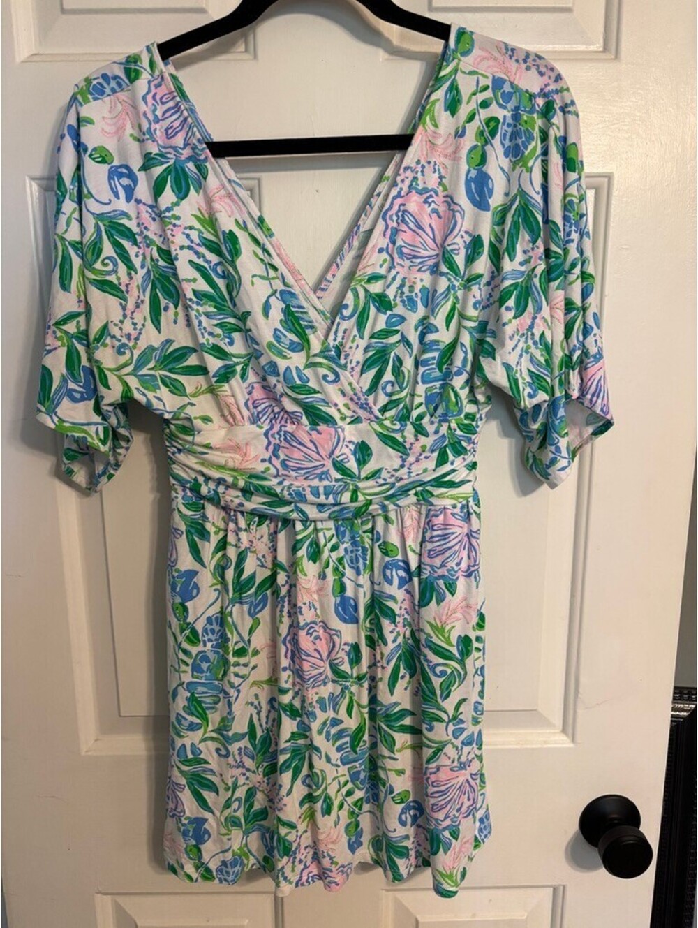 Lilly Pulitzer Floral Print Wrap Style Romper Blue Green Pink Size S